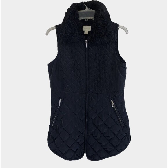 CHICO’S sz S sz 0 Black Light Puffer Sleeveless Jacket Vest Removable Collar - Picture 1 of 6